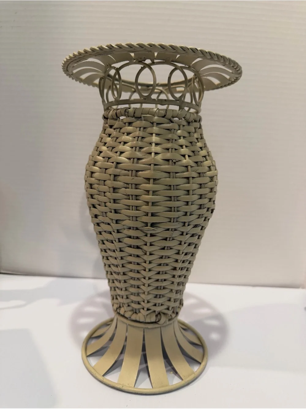 Tall Ivory Colored Metal & Wicker Vase 15” Tall Metal Scrollwork Top/Base